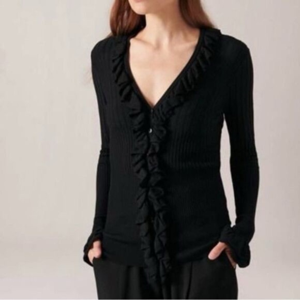 Anne Fontaine black ruffled wool button down sweater size 14